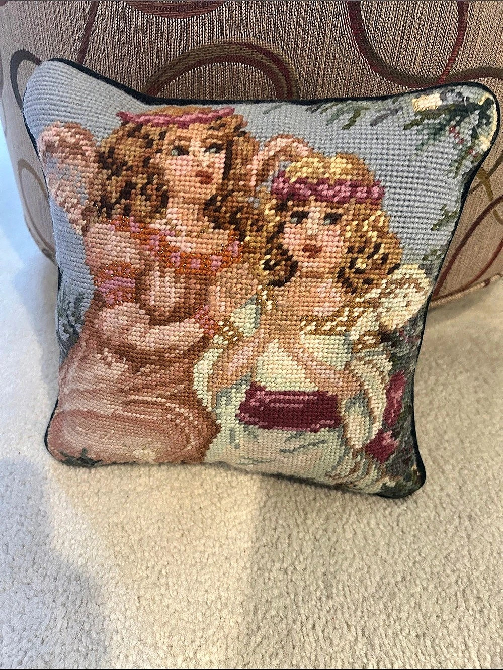 Needlepoint Accent Pillow in Blue & Brown